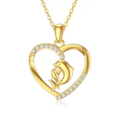 14K Gold Cubic Zirconia Dolphin & Heart Pendant Necklace