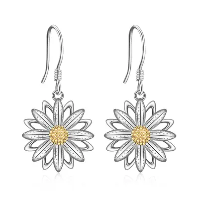 Sterling Silver Two-tone Daisy Drop Earrings