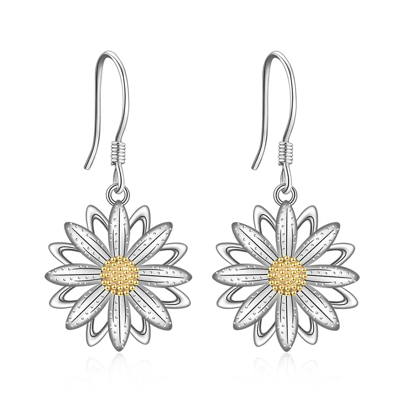 Sterling Silver Two-tone Daisy Drop Earrings