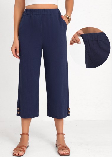 Modlily Navy Button Elastic Waist High Waisted Pants - XL