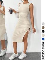 Women's Drawstring Ruched Split Thigh Tank Dress, Solid Sleeveless Round Neck Bodycon Dress, Sundress, Dresses for Women, Ruc...