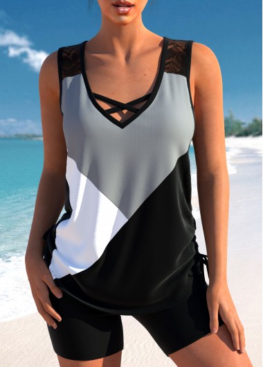 Modlily Patchwork Criss Cross Black Tankini Set - M
