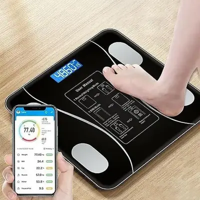 Intelligent weighing scale, digital weighing scale, with backlit LED display and sturdy tempered glass, does not take up spac...