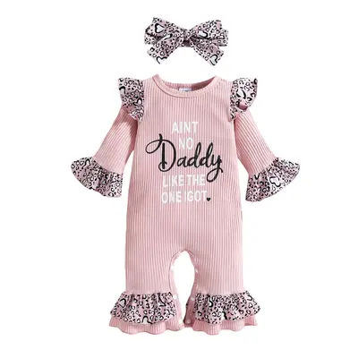 Newborn Infant Baby Girls Fall Outfits Jumpsuit Bodysuit Leopard Flare Sleeves Jumpsuit Headband 0-18 Months