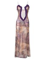 Women's All Over Print Frill Trim Cut Out Ruched Split Tulle Cami Bodycon Dress, Elegant Slim-fitting Spaghetti Strap Long Dr...