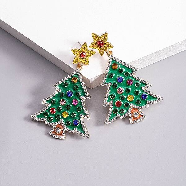 Christmas Trees with Star Alloy Dangle Stud Earrings for Women