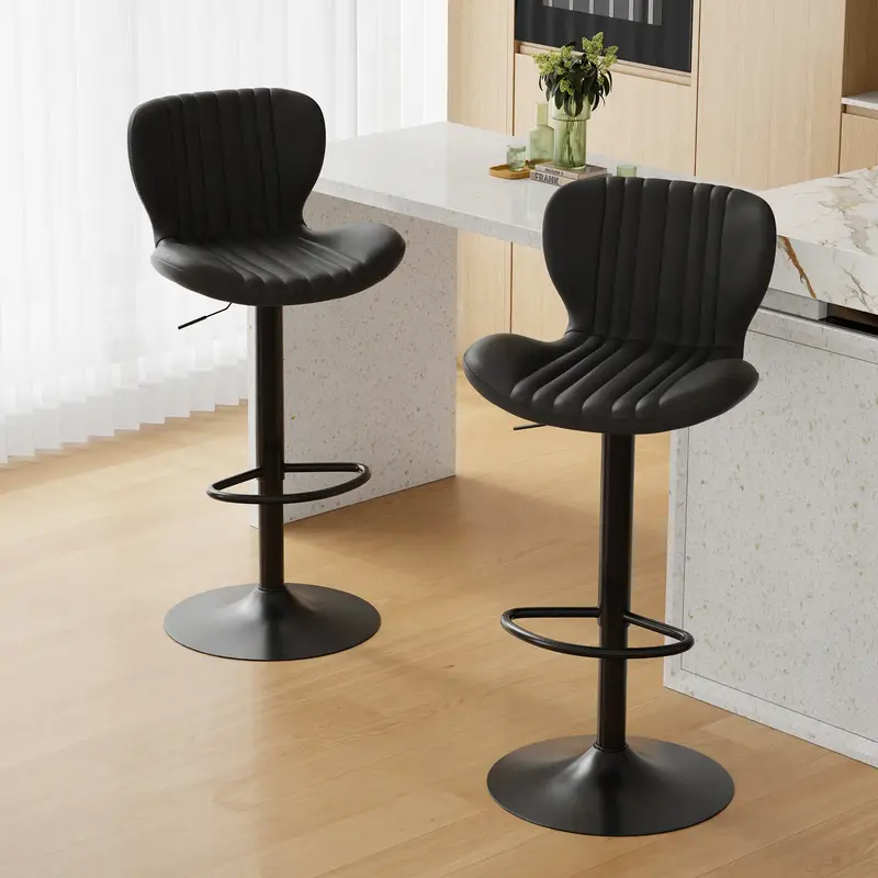 Walsunny Bar Stools Set of 2 with Safty Adjustable Hydraulic Mechanism, Backrest & Footrest, PU Leather, Modern Style, Black