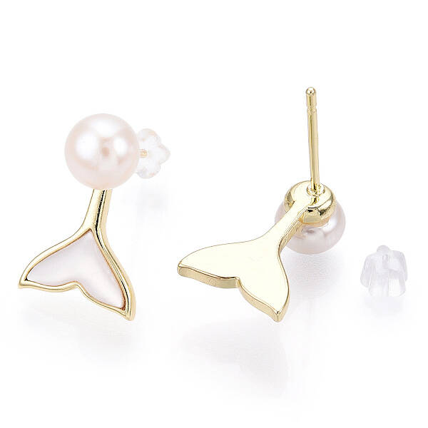 Whale Tail Natural White Shell & Pearl Stud Earrings