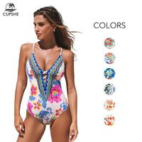 CUPSHE Boho Floral Plunging Slim & Sculpt One Piece Tummy Control Swimsuit Casual Summer Beachwear Adjustable Crossback Strap...