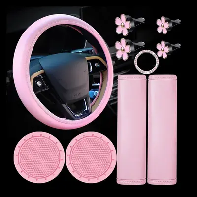 Solid Color Car Interior Accessories Set, Auto Interior Decorations, Including Steering Wheel Protector & Coaster & Seat Belt...