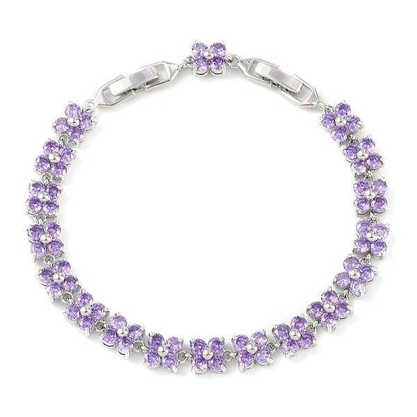 Noble Gift Ideas for Lady Platinum Tone Brass Micro Pave Cubic Zirconia CZ Flower Link Chain Bracelets