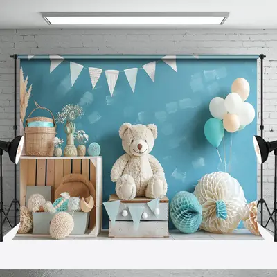 Aperturee Blue Wall Paper Ball Balloon Bear Cake Smash Backdrop, 3X2FT(1MX0.6M), 14 USD, birthday cake smash backdrops, NYHD1...