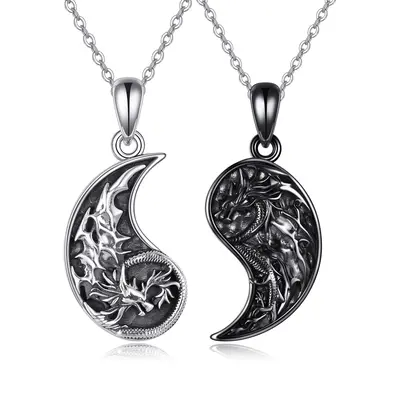 Sterling Silver Two-tone Dragon & Couple Pendant Necklace