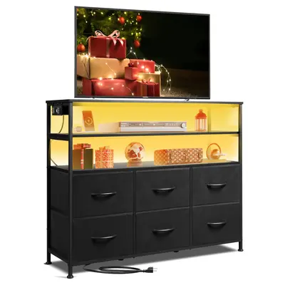WLIVE Led Dresser for Bedroom, Black Dresser TV Stand for Bedroom with LED Lights and Power Outlet, Wide Chest of Drawers wit...