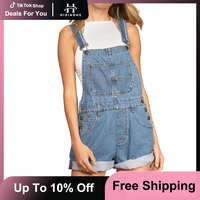 Hixiaohe Women's Classic Denim Shortalls Casual Adjustable Strap Bib Overall Cotton Shorts Romper Cuffed Hem Jean Shorts