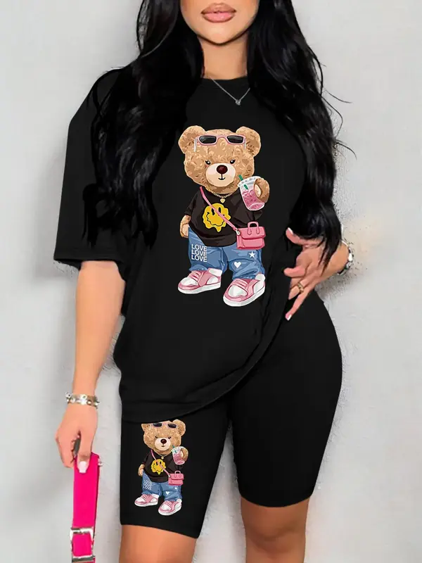 Women's Cartoon Bear Print Shorts Two-piece Set, Back To School Outfits, Lady Casual Comfort Round Neck Short Sleeve T-shirt ...