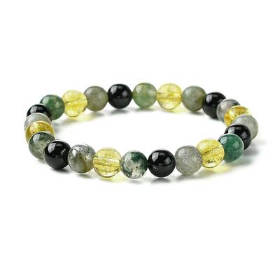 Natural Labradorite & Citrine & Black Onyx(Dyed & Heated) & Moss Agate Round Beaded Stretch Bracelets
