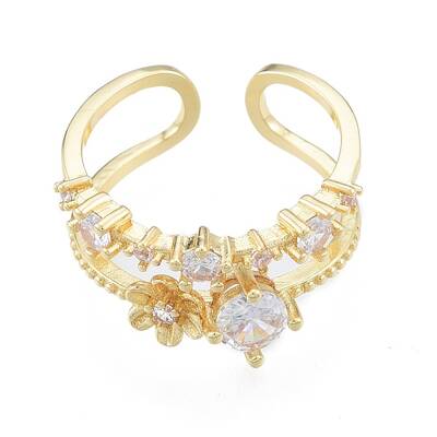 Clear Cubic Zirconia Flower Open Cuff Ring