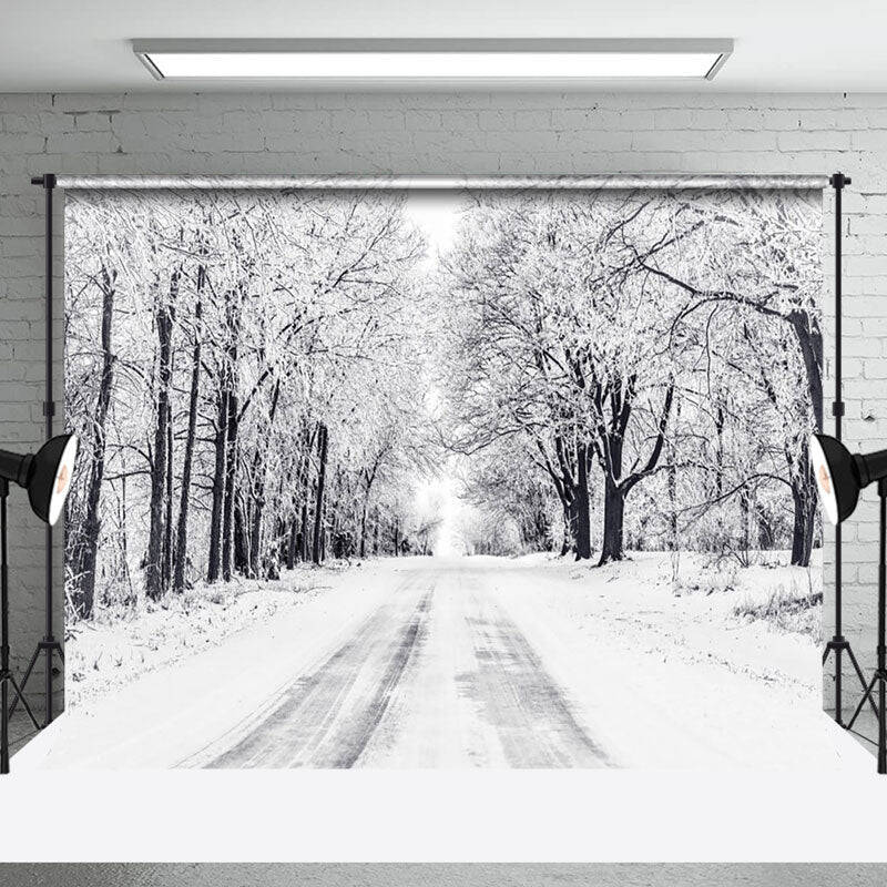 Aperturee White Snowy Forest Boulevard Traces Winter Backdrop - Aperturee