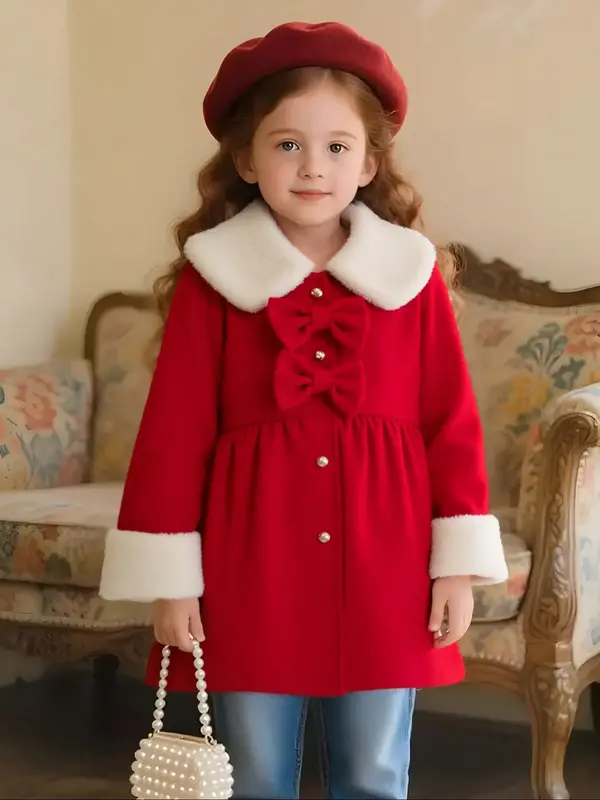 Girls' solid-color long-sleeved coat autumn/winter cute style  bow tie fashion fleece-lined jacket cute baby girl's warm mid-...