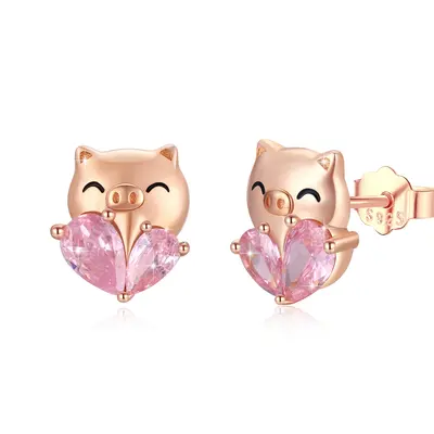 Sterling Silver with Rose Gold Plated Heart Shaped Crystal Pig Stud Earrings