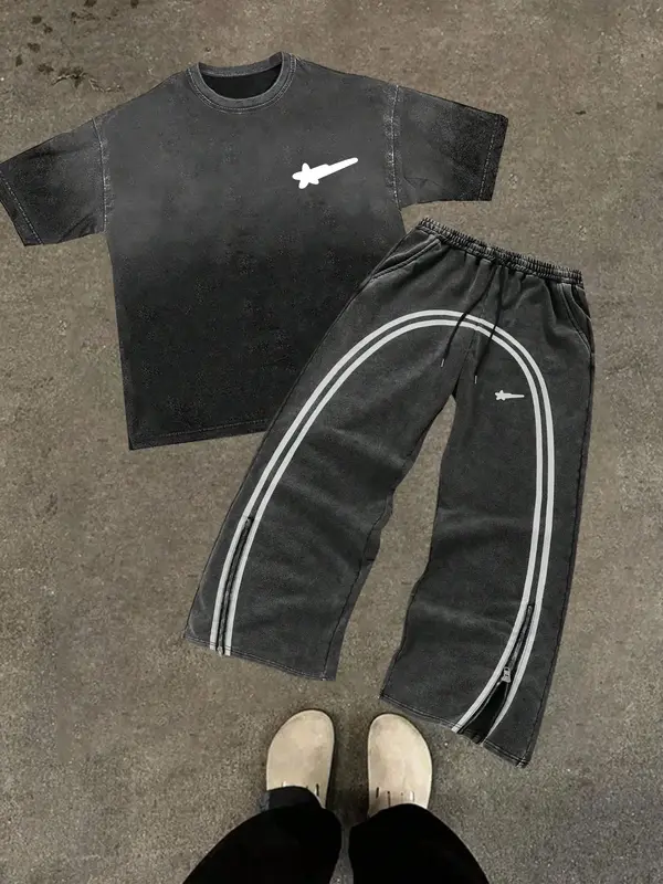 Men's Star & Striped Print Tee & Pants Set, Loose Fashion Round Neck Short Sleeve T-shirt & Trousers for Daily Outdoor Wear, ...