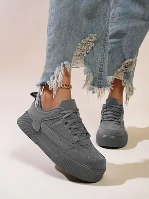 Women's Fashion Plain Lace Up Low Top Skate Shoes, Casual Comfortable Platform Sports Shoes for Daily Wear, Female Round Toe ...