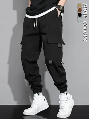 Men's Regular Fit Solid Flap Pocket Drawstring Waist Cargo Pants, Casual Elastic Waist Trousers For Daily Wear, Woven Bottoms...