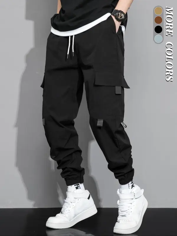 Men's Regular Fit Solid Flap Pocket Drawstring Waist Cargo Pants, Casual Elastic Waist Trousers For Daily Wear, Woven Bottoms...