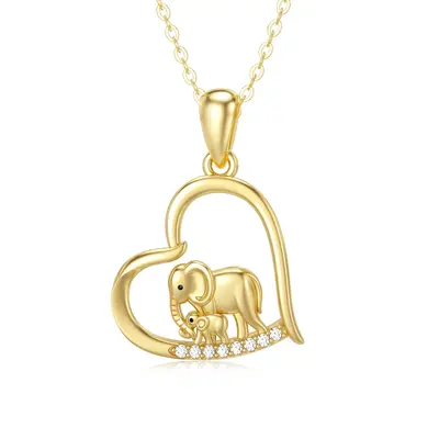 14K Gold Cubic Zirconia Elephant Mom & Baby Heart Pendant Necklace