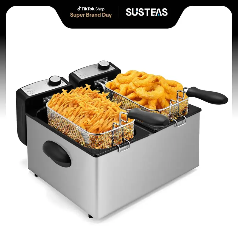 SUSTEAS Fryer 2 Basket Electric Fryer 5.4 QT/6L 3000W Timer Control with Odorless Filter, Stainless Steel, Great for Kitchen,...