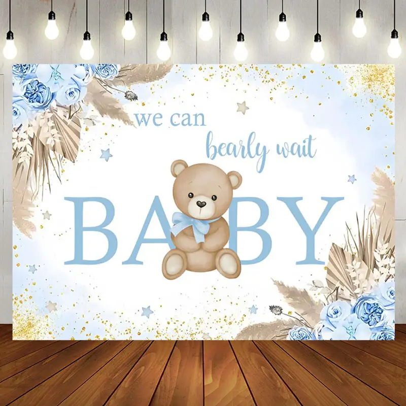 Aperturee Blue Floral Glitter Bear Baby Shower Backdrop - Aperturee