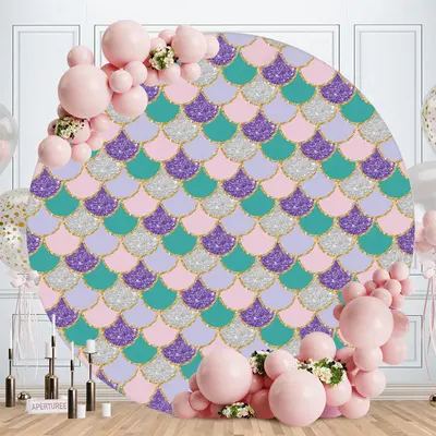 Aperturee Colored Glitter Mermaid Round Girls Baby Shower Backdrop