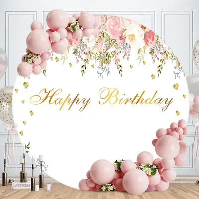Aperturee Circle Flower And Love Leaves Happy Birthday Backdrop