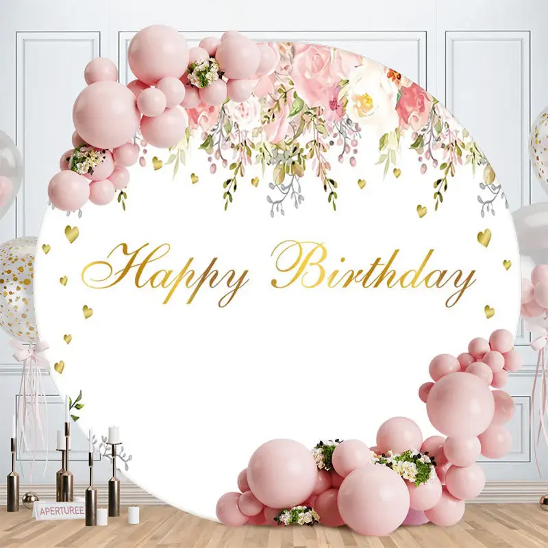 Aperturee Circle Flower And Love Leaves Happy Birthday Backdrop