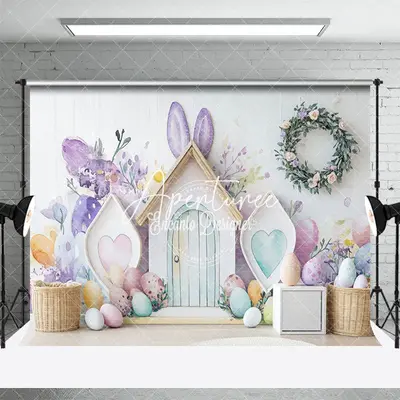 Aperturee Rabbit Hutch Colorful Eggs Easter Photo Backdrop, 3X2FT(1MX0.6M), 14 USD, easter backdrops, ENHD2J75-M