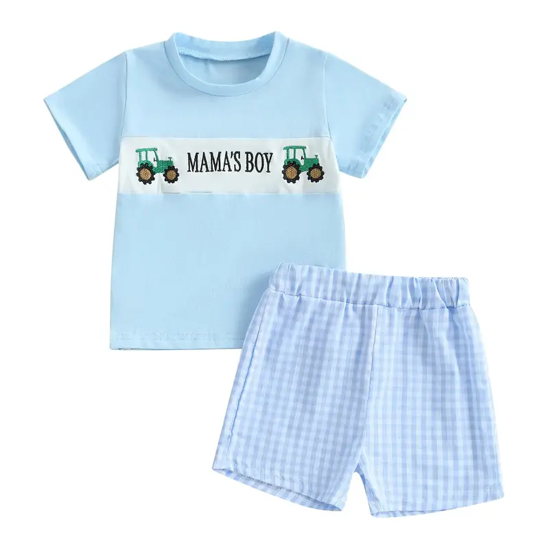 Baby Toddler Boy Summer Outfit Tractor Letter Embroidery Short Sleeve Tops Plaid Elastic Waist Shorts 2 Piece Set