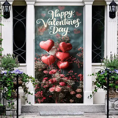 Aperturee Heart Balloons Floral Happy Valentines Day Door Cover | Diy Door Decorating Ideas | Diy Front Door Cover | Holiday ...
