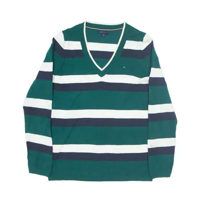 TOMMY HILFIGER Patterned Jumper Green Striped Tight Knit V-Neck Womens M