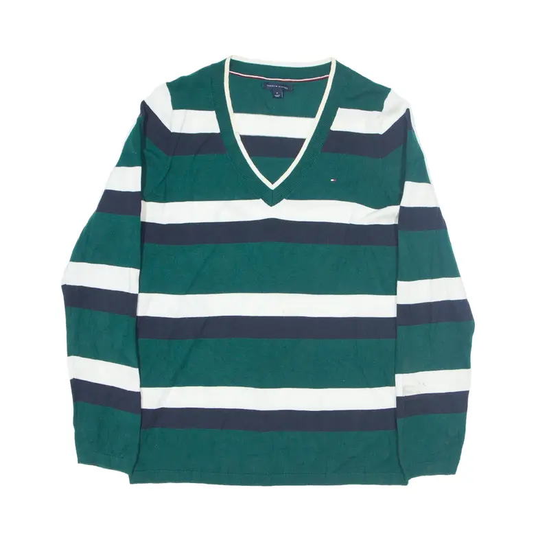 TOMMY HILFIGER Patterned Jumper Green Striped Tight Knit V-Neck Womens M