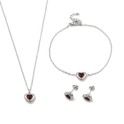 Heart 304 Stainless Steel Micro Pave Cubic Zirconia Pendant Necklaces & Bracelets & Stud Earrings Sets for Women
