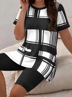 Women's two-piece set, chic plus size women's color blocking set - casual sports round neck short sleeve top (with side slits...