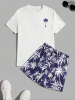 Two-piece Set Men's Regular Fit Letter Print Shortsleeve Tee & Tropical Print Shorts Set, Casual Short Sleeve T-shirt & Draws...