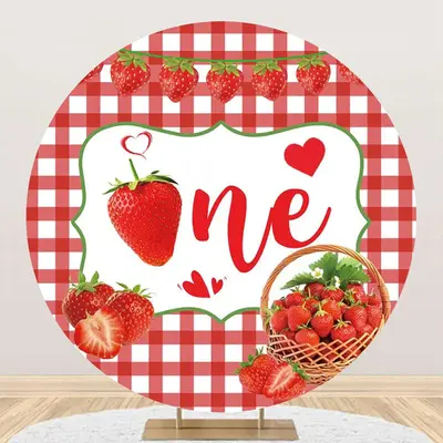 Red Strawberry Plaid Round 1st Birthday Backdrop - Aperturee
