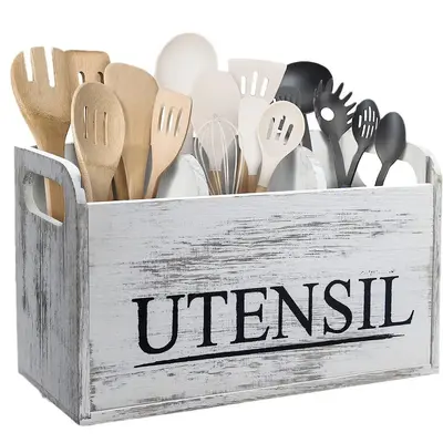 Wooden Kitchen Utensil Holder, 1 Count Letter Pattern Kitchen Utensil Storage Rack, Cooking Tools Storage Box Home Organizer ...