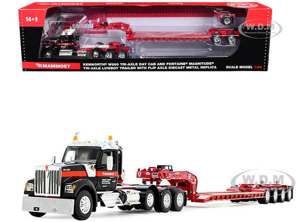 Kenworth W990 Heavy Haul Day Cab and Magnitude Tri-Axle Lowboy Trailer with Flip Tail Mammoet Black and Red 1/64 Diecast Mode...