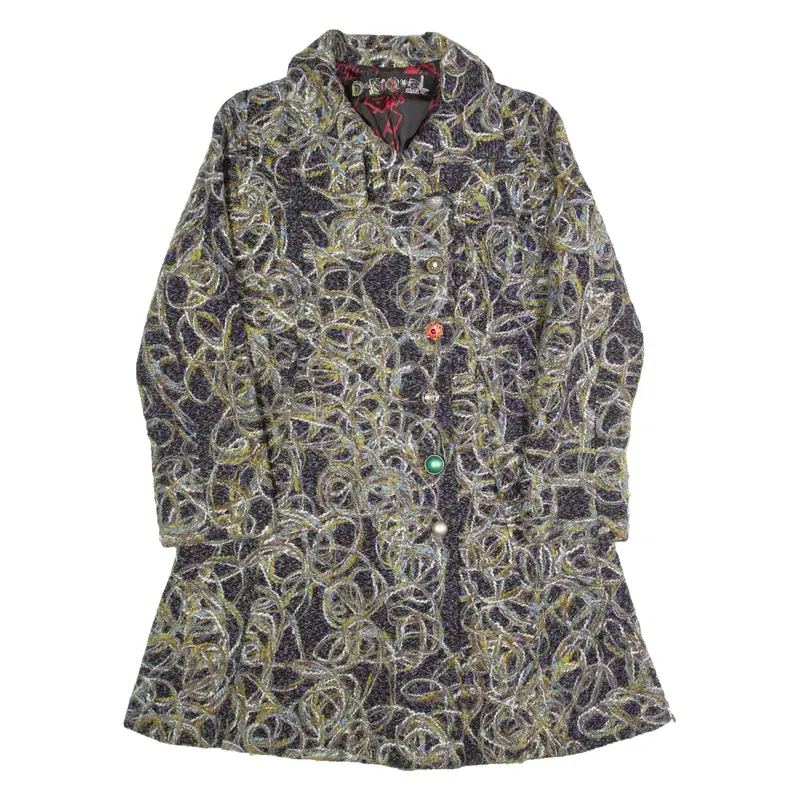 DESIGUAL Womens Overcoat Coat Blue Wool Crazy Pattern S