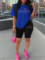 Two-Piece Set Women's Top & Shorts, Casual Round Neck Short Sleeve T-shirt & Skinny Shorts, Ladies Sportswear for Indoor Out...