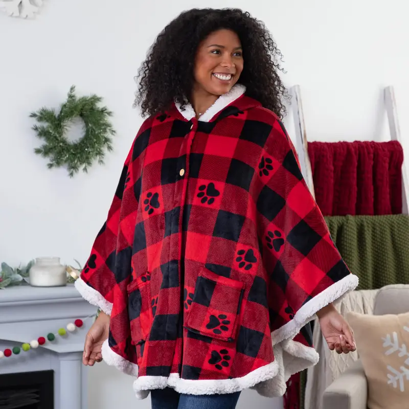 Super Cozy™ Paw Print Blanket Hoodie Cape - Buffalo Paws