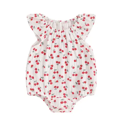 Infant Newborn Baby Girl Spring Summer Clothes Cactus/Radish/Cherry Print Romper Sleeveless Bodysuit Cotton Linen Clothing Pl...